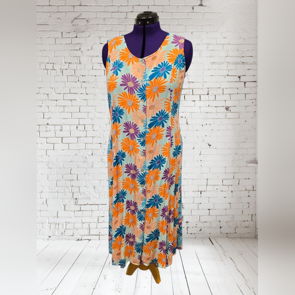 BFA Classics Midi Dress Floral Sundress Button Front Smocked Back Colorful